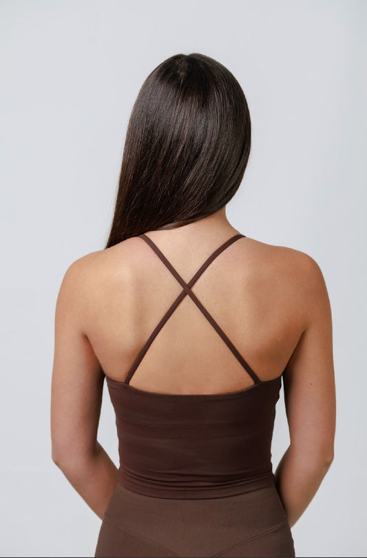 Buttersoft Strappy Vest with Built in Bra Shelf Mid length - Espresso