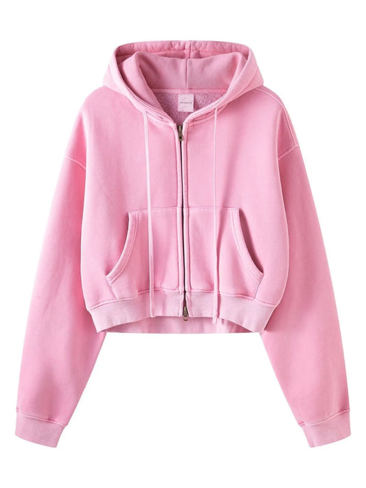 Washed Vintage Cropped Zip Hoodie - Light Pink